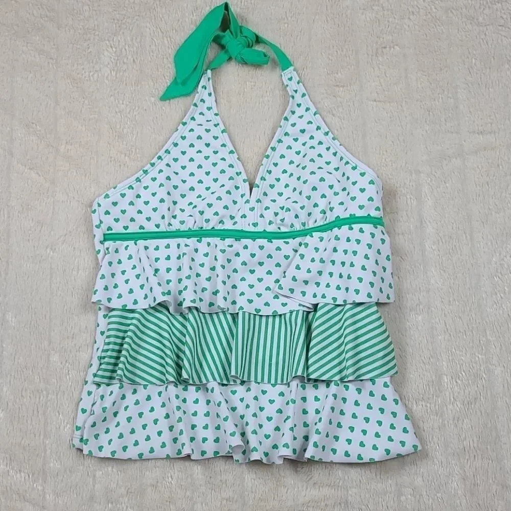 Justice Girls Tankini Top Green Hearts Stripes Ruffle Halter Swim 14 Swimsuit L